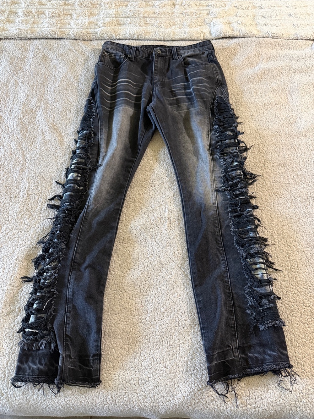 Vicious Denim Men’s Charcoal Distressed Bootcut Jeans with Side Ruching Size 32
